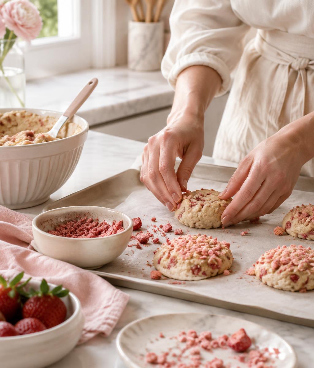 Hands preparing strawberry cookies in a warm bakery kitchen